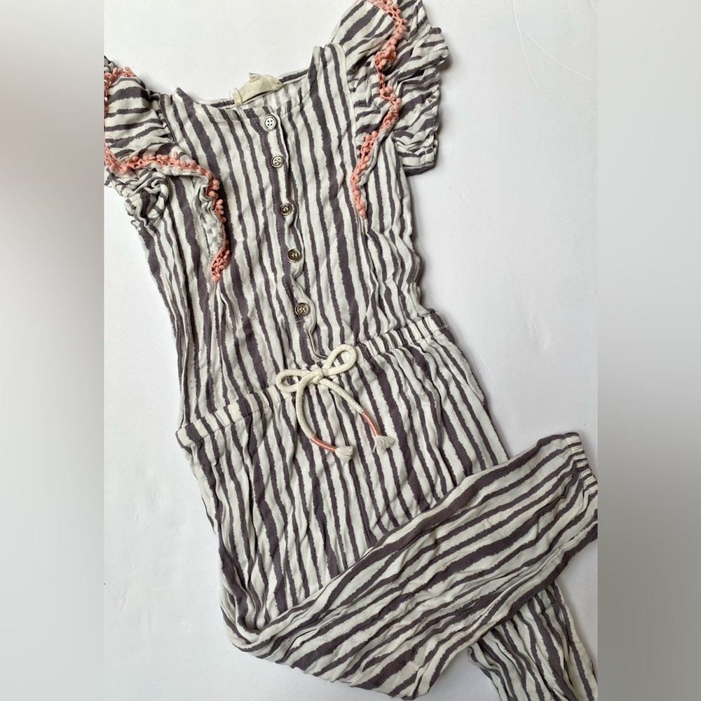 Jessica Simpson Girls Striped Romper in White, Gray with Pink Trim